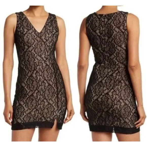 NWT DRESS THE POPULATION Black Lace Cocktail MIDI V-Neck Sheath Dress Sz M EUC - Picture 1 of 5